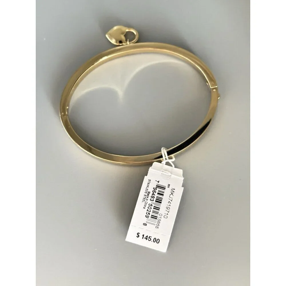 Michael Kors Logo Crystal Pave Heart Charm Gold Stainless Steel Hinge Bracelet